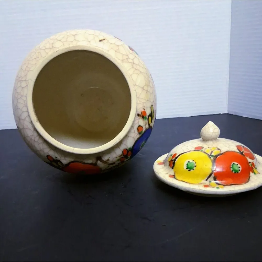 Vintage Hand-Painted Flowers Crackle Glaze Japanese Ginger Jar Temple Jar w Lid